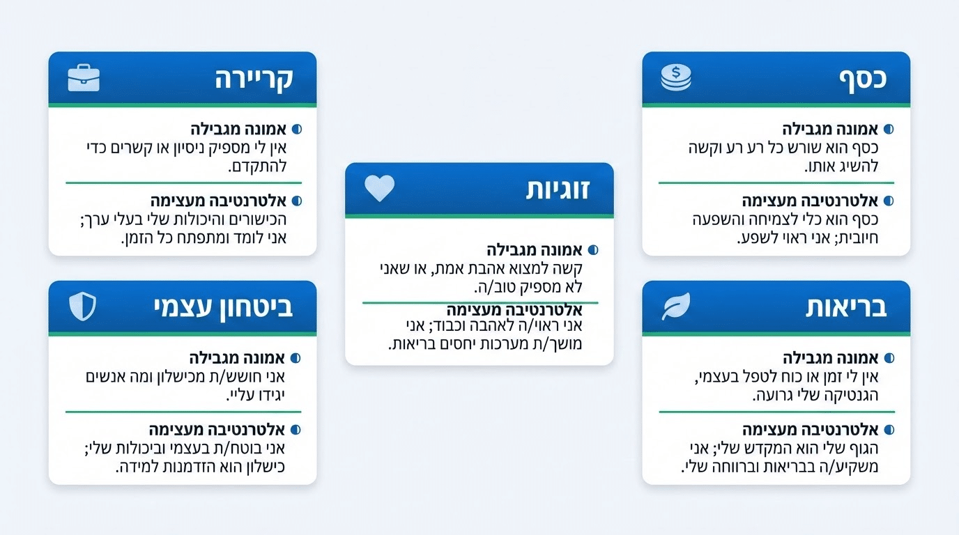 אינפוגרפיקה המציגה את הסימנים המרכזיים לזיהוי אמונות מגבילות לפי תחומי חיים