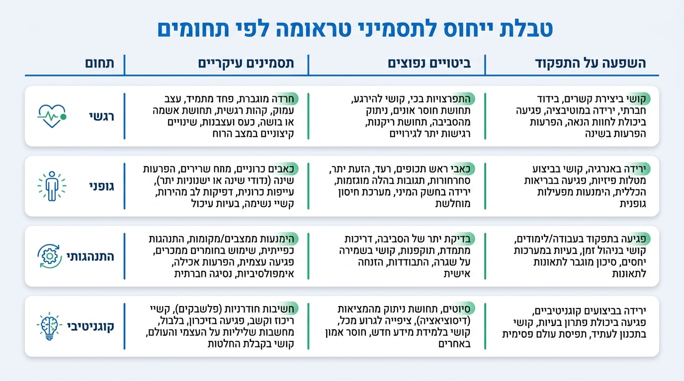טבלת סימנים לטראומה רגשית – רגשי, גופני, התנהגותי וקוגניטיבי